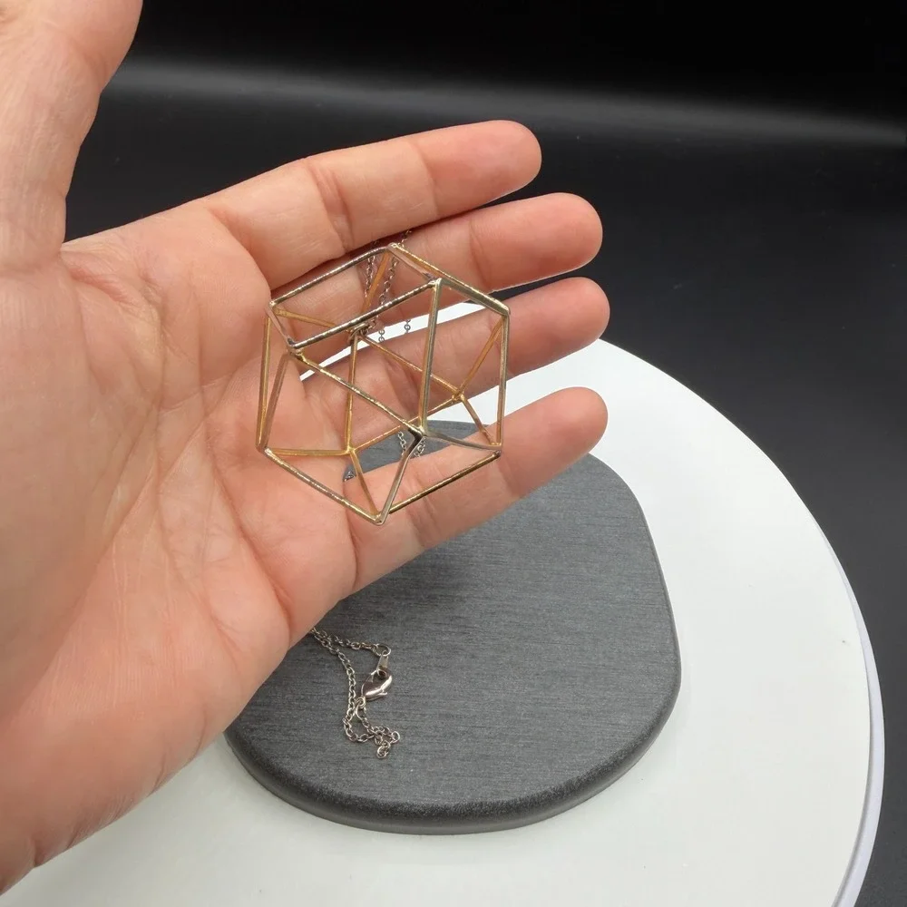 Two Tone Geometric Cube Pendant Necklace 3D Wireframe Modernist Statement Gift